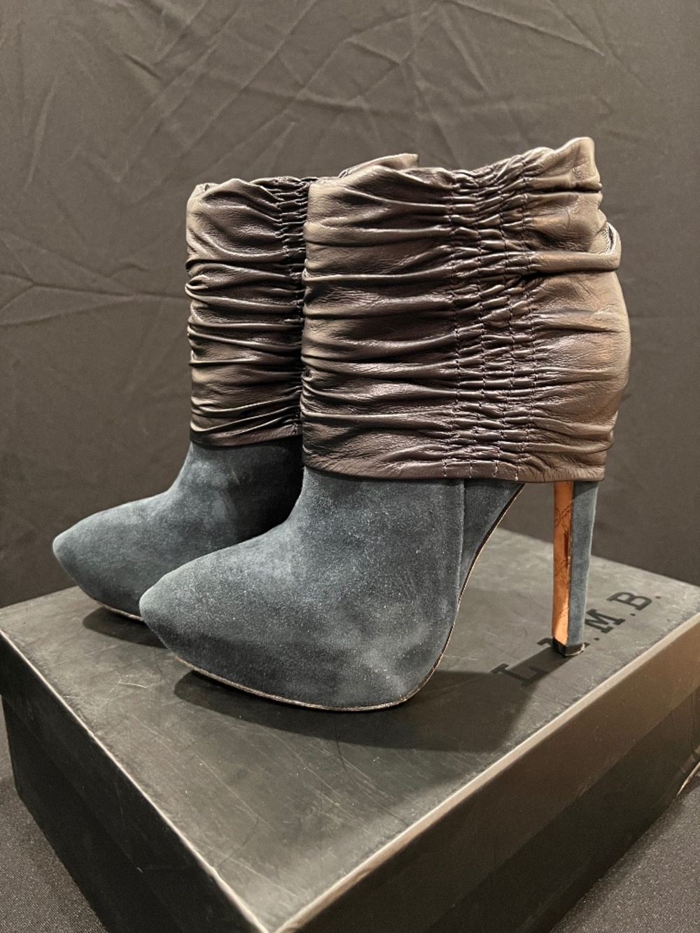 L.A.M.B. Suede Leather Platform Ankle Booties Navy Blue Stiletto Heels US 7